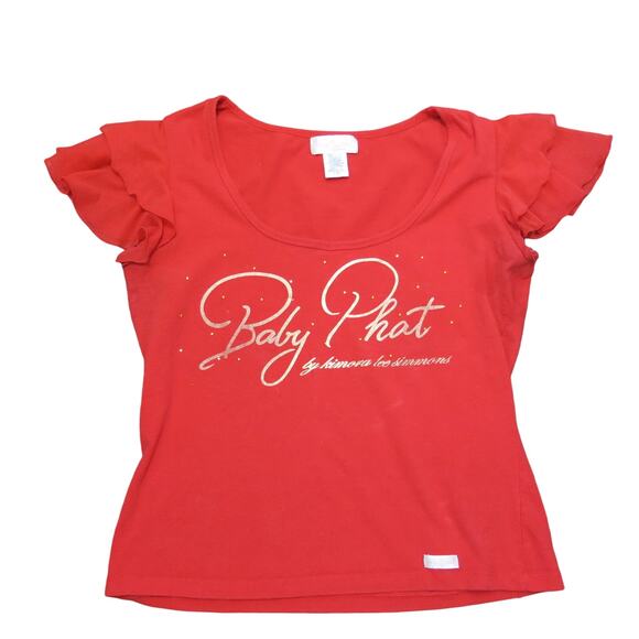 BABY PHAT Flutter Sparkle Top Size L Girls Ruffle Sleeve Gold Red Y2K Hip Hop - Picture 1 of 9
